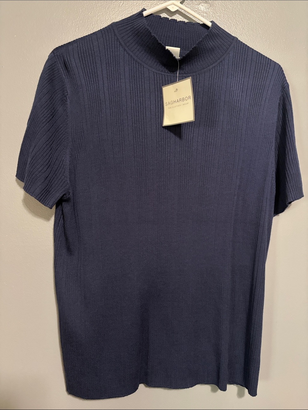Sag Harbor Women’s Dark Navy Ribbed Short-Sleeve Mock Neck Tee